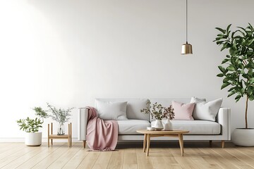 Modern Minimalist Living Room Interior Design White Sofa, Wooden Coffee Table, Plants