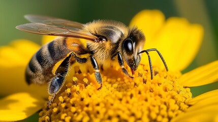 Close up of a honeybee on a bright yellow flower, pollen covering its body, in a natural outdoor setting.