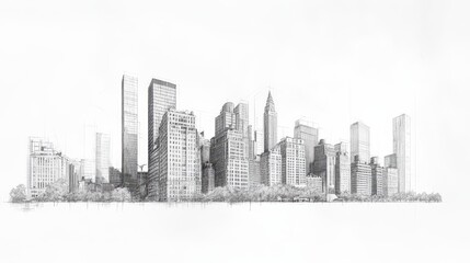 Conceptual Pencil Sketch of an Urban Skyline Featuring Tall Buildings, Trees, and Architectural Elements in a Minimalist Style