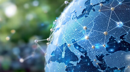 A glowing digital globe showcasing a network of interconnected points, symbolizing global communication and technology, on a blurred green background. Ai generative