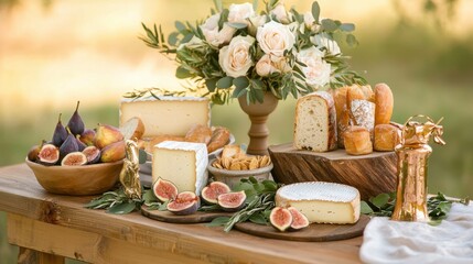 A festive charcuterie table with a selection of international cheeses, figs, and artisanal bread.