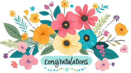A vibrant and cheerful floral design features multicolored flowers and greenery. The arrangement includes the word congratulations, perfect for messages of celebration and joy