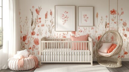 Nursery room coral floral wallpaper design