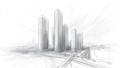 Large Urban Development Concept in Hand-Drawn 3D Perspective With Architectural Skyscrapers and Urban Landscape
