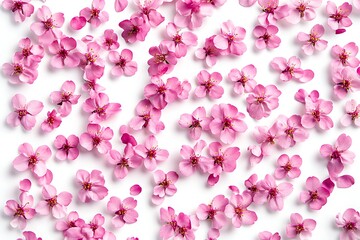 Fototapeta premium Delicate Pink Blossom Flowers Scattered on White Background Spring Floral Design