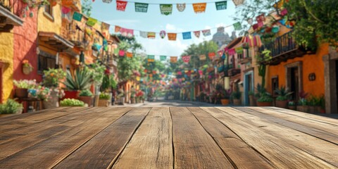 Vibrant street lined with colorful buildings and papel picado decorations in a charming town square