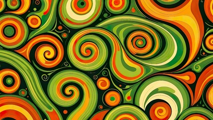 Retro 70s Psychedelic Swirl Pattern - Vintage Hippie Background for Fashion, Wallpaper and Party Decorations - Green Orange Abstract Design