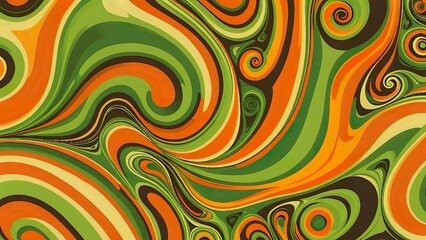 Retro 70s Swirl Pattern - Abstract Green and Orange Psychedelic Background for Wallpaper, Textile Design and Party Decorations