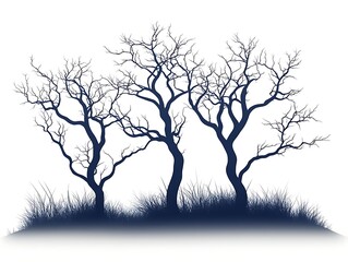 Fototapeta premium Silhouette of Three Bare Trees in Grass, Nature Illustration, Dark Blue