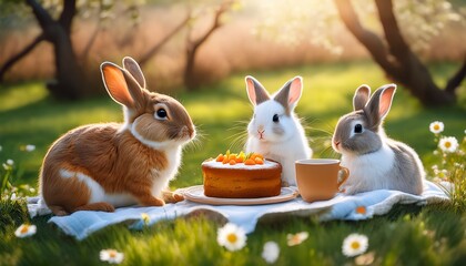 Fototapeta premium A cute Easter bunny family gathered around a tiny picnic, enjoying carrot cake and tea in a lush green meadow filled with colorful flowers, creating a warm and festive springtime scene. 