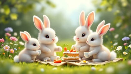 Fototapeta premium A cute Easter bunny family gathered around a tiny picnic, enjoying carrot cake and tea in a lush green meadow filled with colorful flowers, creating a warm and festive springtime scene. 