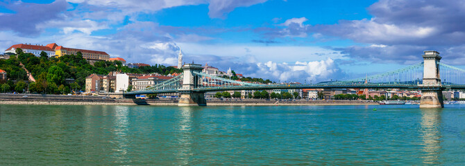 Beautiful capital of Hungary - Budapest. View of downtown with Chain bridge across the Danube river . Cityscape scenery, urban landscape