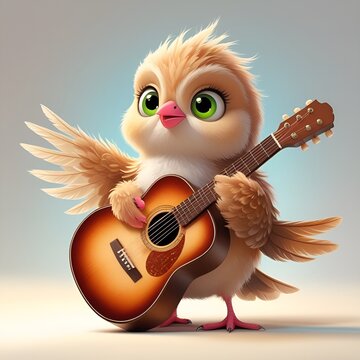 Adorable Cartoon Bird Playing Acoustic Guitar &ndash; Cute 3D Illustration of a Happy, Furry Baby Owl with Big Green Eyes Performing Music