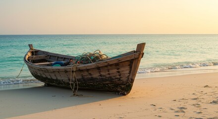Obraz premium Tranquil Sunset Beach Boat - A weathered wooden boat rests on a sandy beach at sunset, the tranquil ocean stretching to the horizon