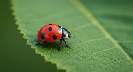 Fototapeta premium Ladybug Resting on a Green Leaf in a Garden Setting
