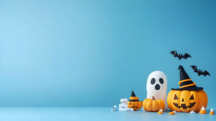3D Rendered Halloween Scene With Pumpkins Ghost and Bats on a Light Blue Background With Copy Space