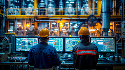 Obraz premium Workers Operating Control Panels in Industrial Manufacturing Facility