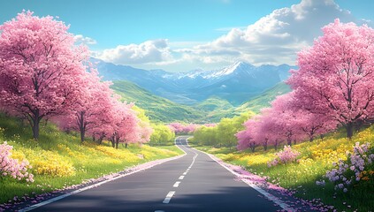 Fototapeta premium Scenic Spring Road Pink Cherry Blossoms, Mountain View, Asphalt Path