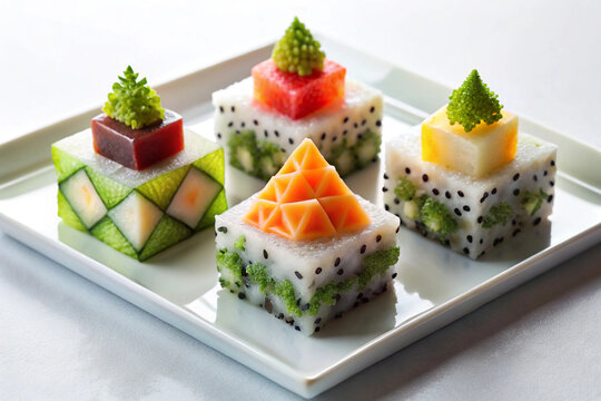 Sushi transformed into perfect cubes, spheres, or triangular prisms