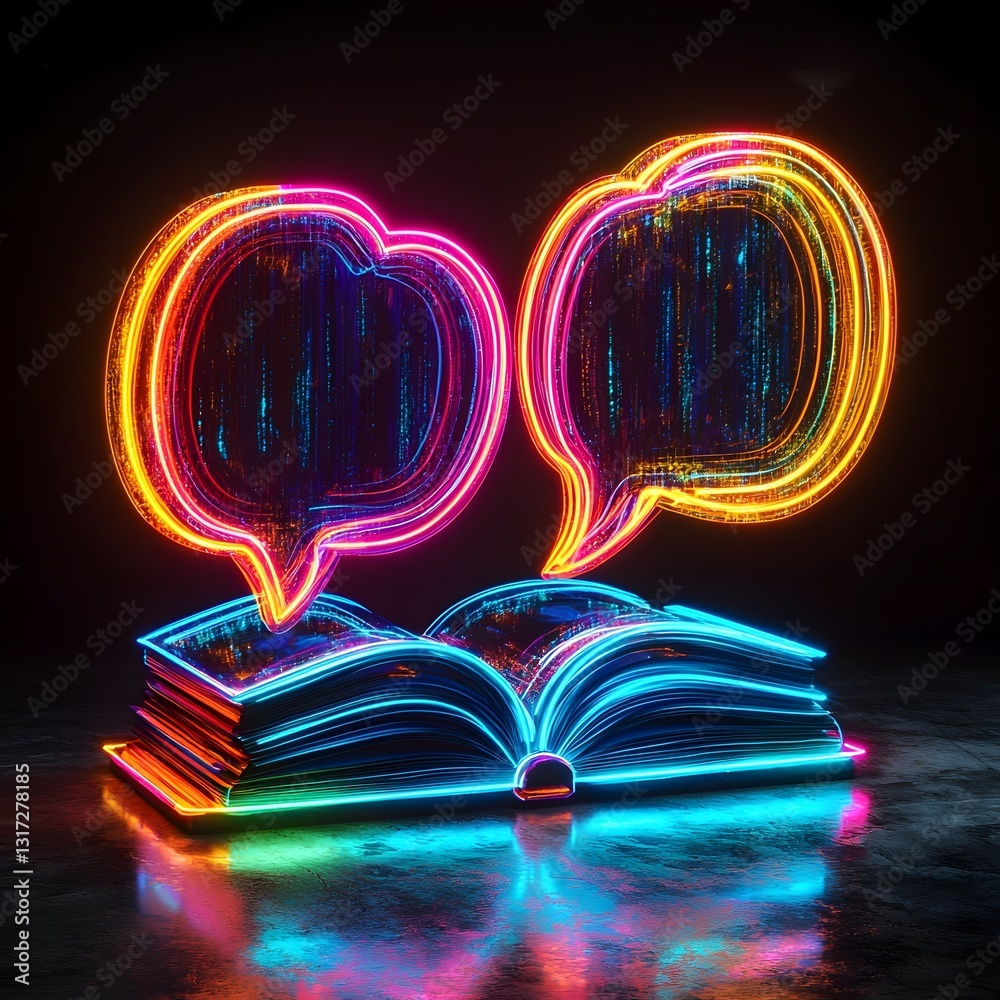 Wall mural glowing neon icon of overlapping speech bubbles and a book representing collaborative discussions in