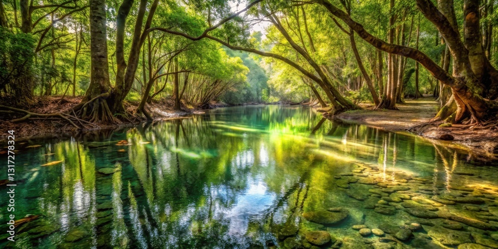 Poster sunlight filtering through the canopy illuminates a tranquil river winding through a dense forest of