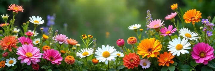Rustic floral arrangement with daisies, carnations, and wildflowers in a cottage garden, garden, daisies