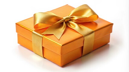 Obraz premium A single orange gift box tied with a golden ribbon, isolated on a white background