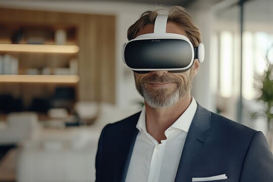 Professional man in virtual reality headset at modern office enjoying immersive technology experience