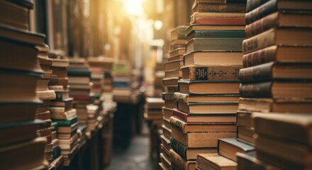 Vintage Books Market: A Literary Haven - Stacks of old books, knowledge, history, literature, wisdom, stories. A journey through time and countless tales