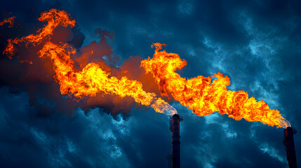 Fototapeta premium Dramatic Flames Erupting From Industrial Smokestacks Against Dark Sky