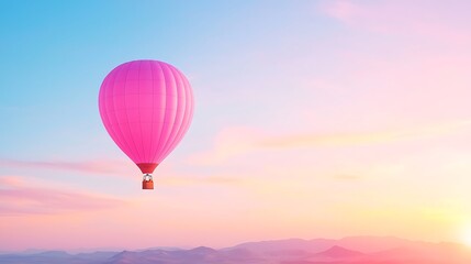 Obraz premium Vibrant Pink Hot Air Balloon Floating Above Scenic Landscape at Sunrise in Clear Sky