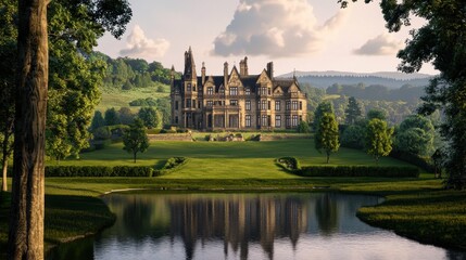 Obraz premium A historic English manor bathed in golden sunset light, with sprawling green lawns and a private lake in front.