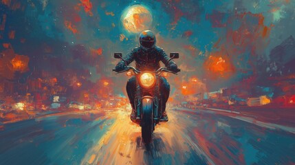 Fototapeta premium Dramatic oil painting of a motorcyclist riding through a neon-lit city