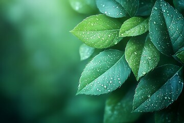 Fototapeta premium Lush Green Leaves with Dew Drops Nature Background Photography