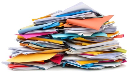 Pile of Colorful Papers and Documents in Disarray on a White Background