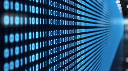 Binary Code Visualization on Digital Screen with Blue Light Effects