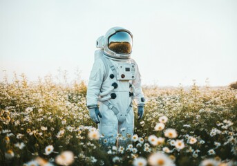 Astronaut standing in a field of flowers, blending nature with space exploration
