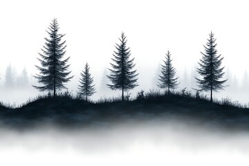 Fototapeta premium Enigmatic Foggy Forest Silhouette Dark Pines in Misty Landscape Illustration