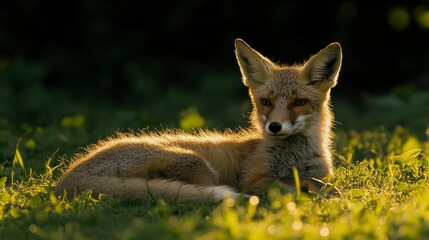 Fototapeta premium Red fox resting in grassy field, illuminated by golden sunlight. Close up view shows fur texture and details.