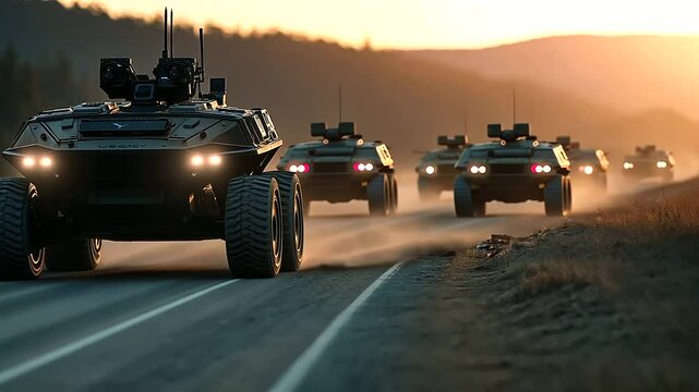 Autonomous military vehicles patrol a secure base perimeter, providing continuous surveillance and defense without human intervention.