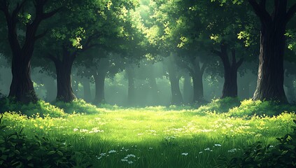 Obraz premium Enchanting Sunlit Forest Glade Lush Green Grass, Wildflowers, and Tall Trees