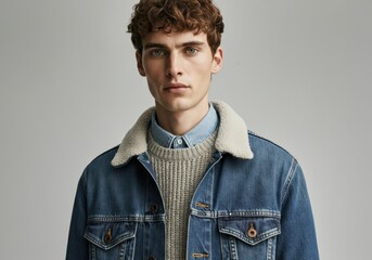 Obraz premium Stylish young man wearing a denim jacket with a cozy sweater