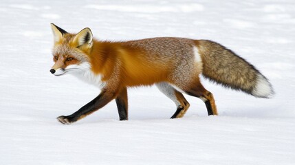 Fototapeta premium Red fox walking in snowy landscape, winter scene, wildlife photography, animal in snow, fluffy tail, winter fur, natural habitat