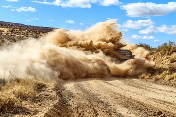 Dust cloud rising above road