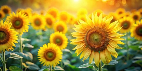 Obraz premium A vibrant sunflower basking in the golden glow of the setting sun, surrounded by a sea of its brethren in a field of verdant green.