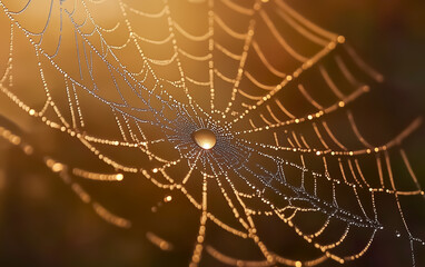Dew-covered spider web at golden hour. Delicate details and ethereal light capture the beauty of a serene morning. Perfect for nature and macro photography themes.