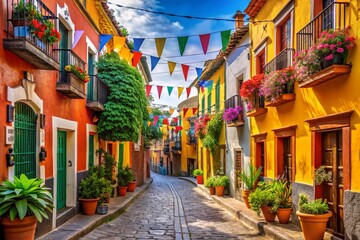 Naklejka premium Vibrant Street Scene in a Colorful European Town with Festive Bunting