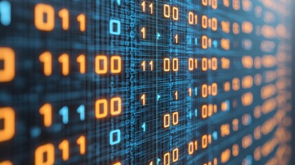 Digital Data Stream with Binary Code on a Dark Background