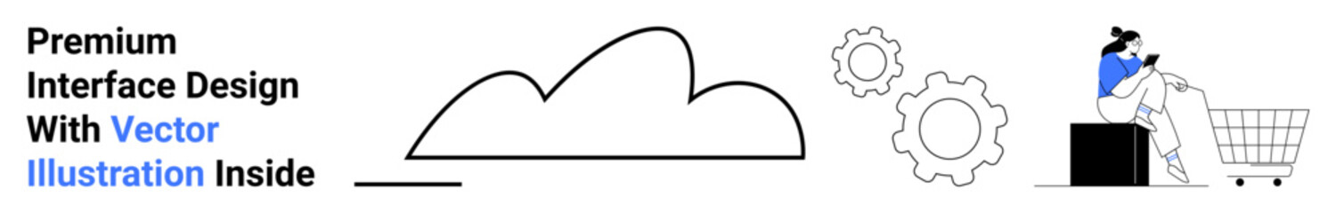 Cloud outline with gears symbolizing integration, a person exploring a shopping cart, and digital browsing. Ideal for e-commerce innovation, cloud solutions, tech setups, shopping, process