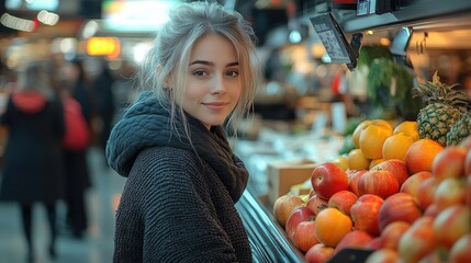 A cashier with curly brown hair smiles while ringing up items at the register in a grocery store.